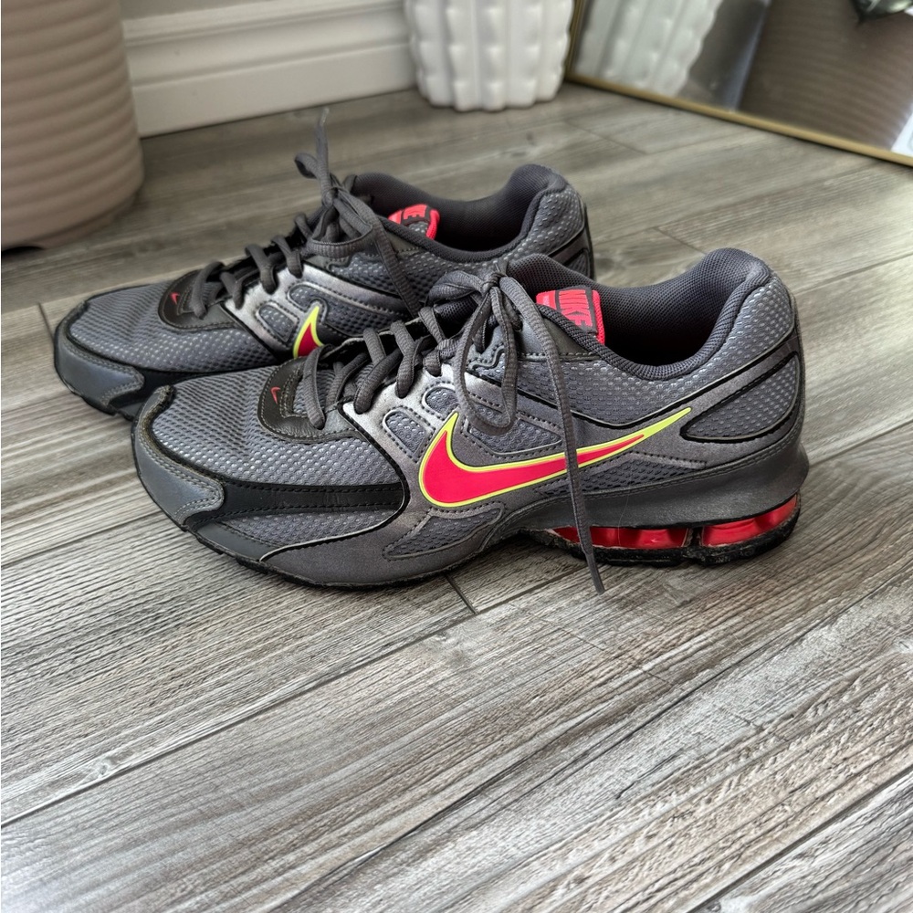 Nike Dark Gray Reax Sneakers with Pink and Yellow Accents